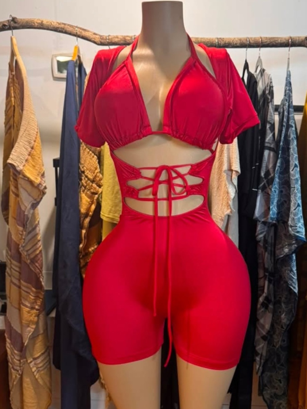 Red Cutout Lace-Up Romper